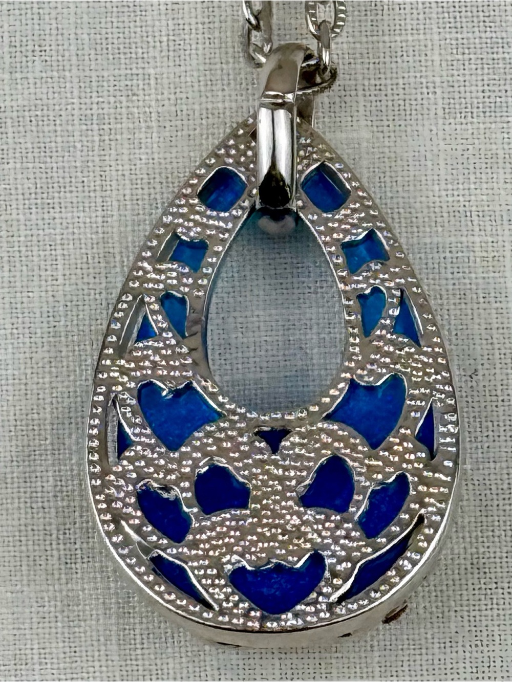 Blue Teardrop Pendant Necklace Silver Tone Floral Crystal Accents - Picture 3 of 6